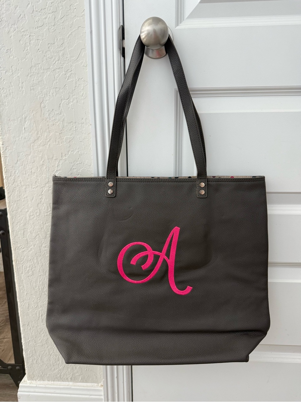 thirty-one Gray Tote with Pink Monogram A